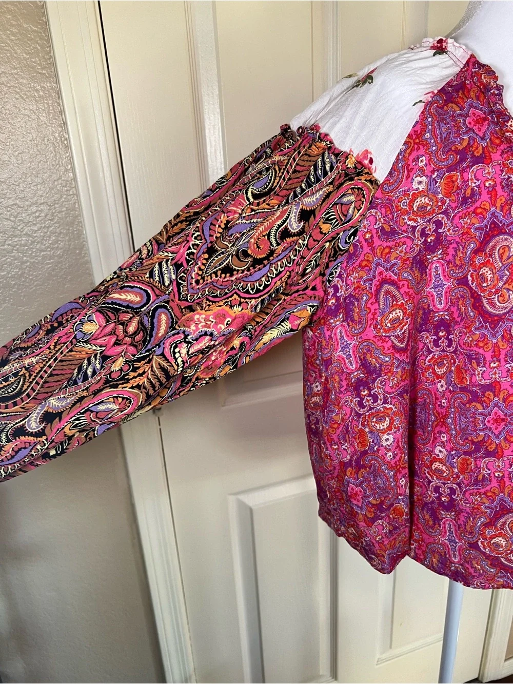Free People Gemini Patchwork Floral Paisley Blouse Pink Boho Size L